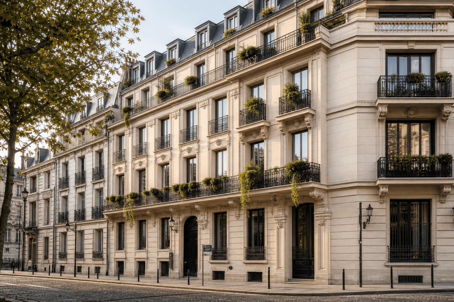 Façade en pierre d'un immeuble résidentiel parisien de standing